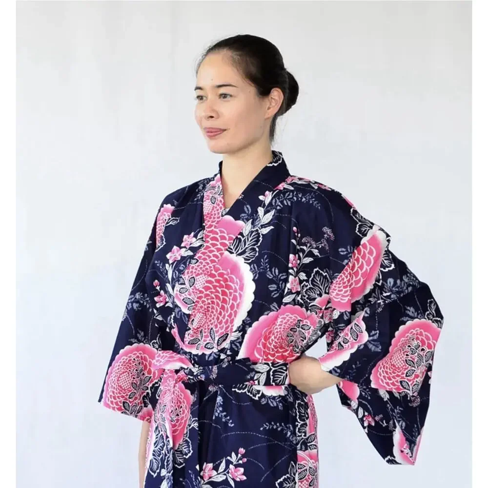 Japanese Yukata Women's 100% Cotton Peony and Chrysanthemum XL (61) KYOTO SEN'I - Picture 4 of 13